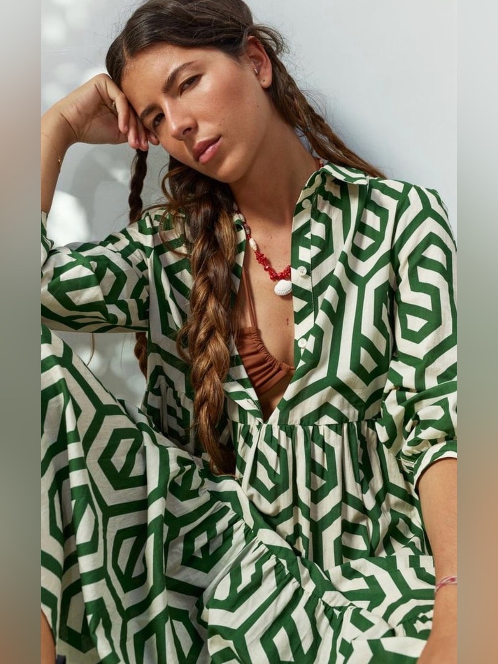 ZARA Geometric Print Green Shirt Dress
